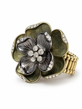 Crystal Floral Antique Statement Stretch Ring - Gold and Gunmetal